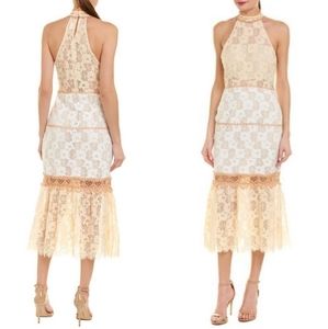 FOXIEDOX Amelia Halter Mock Neck Lace Midi Dress